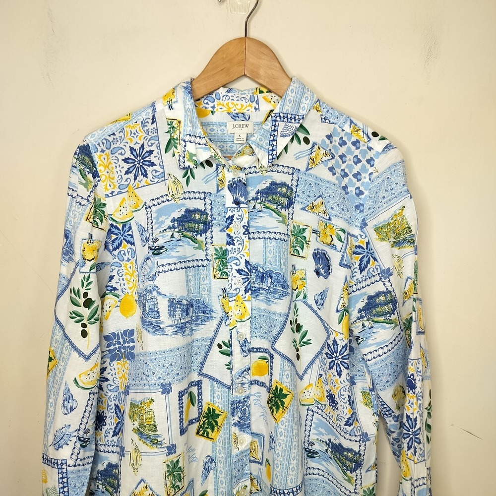 J. Crew Linen Blend Button Up Shirt Floral Lemon Patchwork Cheerful - Picture 2 of 11